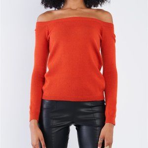 Minimalistic Blood Orange Soft Off-The-Shoulder Long Sleeve Sweater